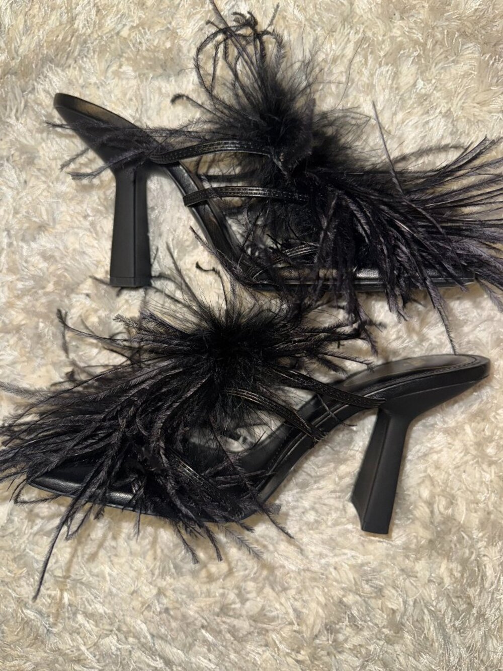 Black Zara Feathered Heeled Sandals | Never Worn!